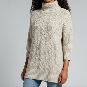 [L]Sfera Relaxed Fit Cream Turtleneck Cable Knit Long Sweater